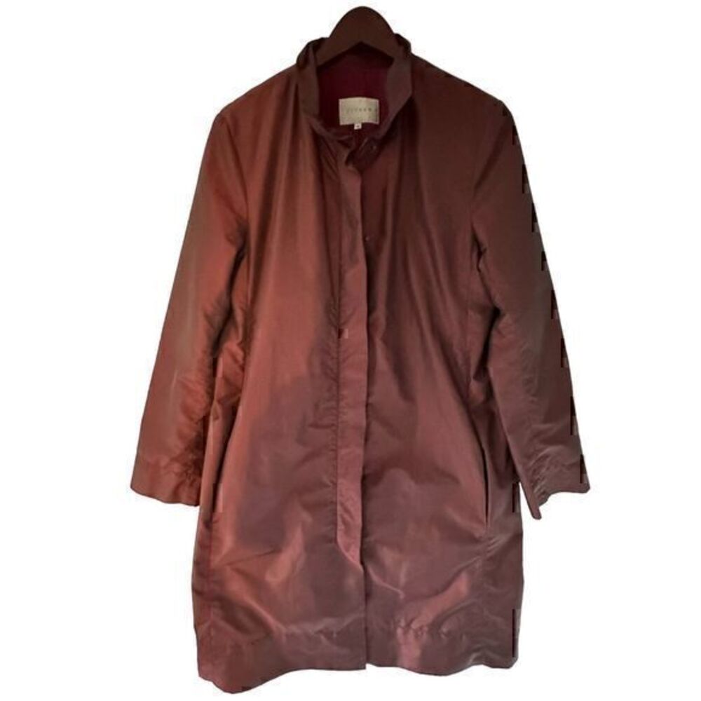 Jigsaw Shiny Burgundy Light Weight Zip Up Snap Pockets Long Trench‎ Coat Size 12